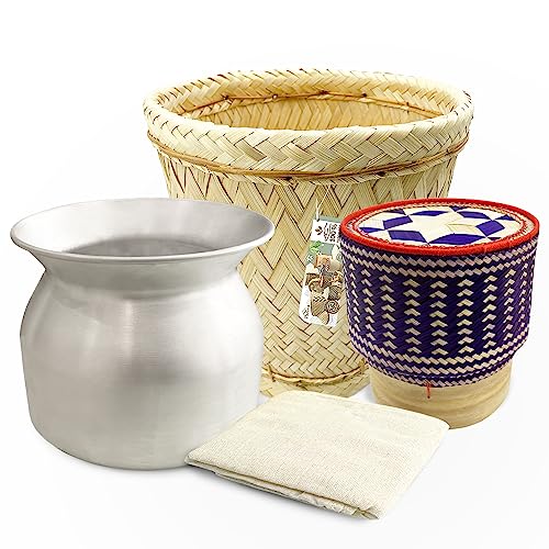 PANWA Combo Sticky Rice Cooking Set Aluminum Cook Pot Diameter 8 1/2" (22 cm) Thai Bamboo“Village Vintage” Steamer Basket 9 Inch Diameter with 24’’ Cheesecloth, and Kratip Container Lilac Toned