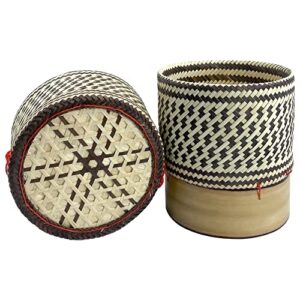 PANWA Combo Sticky Rice Cooking Set Aluminum Cook Pot Diameter 8 1/2" (22 cm) Thai Bamboo“Village Vintage” Steamer Basket 9 Inch Diameter with 24’’ Cheesecloth, and Kratip Container Chocolate Toned