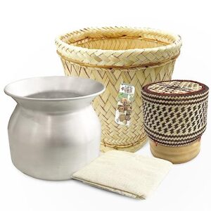 panwa combo sticky rice cooking set aluminum cook pot diameter 8 1/2" (22 cm) thai bamboo“village vintage” steamer basket 9 inch diameter with 24’’ cheesecloth, and kratip container chocolate toned