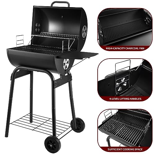 Charcoal Grills Outdoor BBQ Grill, Barrel Charcoal Grill with Side Table, with Nearly 500 Sq.In. Cooking Grid Area, Outdoor Backyard Camping Picnics, Patio and Parties, Black by DNKMOR