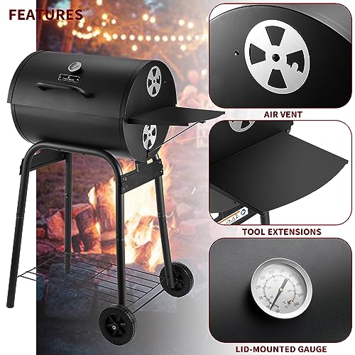 Charcoal Grills Outdoor BBQ Grill, Barrel Charcoal Grill with Side Table, with Nearly 500 Sq.In. Cooking Grid Area, Outdoor Backyard Camping Picnics, Patio and Parties, Black by DNKMOR