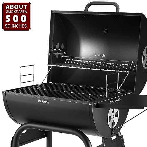 Charcoal Grills Outdoor BBQ Grill, Barrel Charcoal Grill with Side Table, with Nearly 500 Sq.In. Cooking Grid Area, Outdoor Backyard Camping Picnics, Patio and Parties, Black by DNKMOR