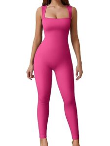 oqq women's yoga workout ribbed square neck sleeveless tank top exercise jumpsuit, rose3, large