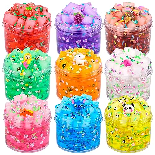 9 Pack Jelly Cube Slime Kit Party Favor Gifts, Crunchy Clear Glitter Crystal Slime for Girls and Boys, DIY Birthday Boba Glimmer Slime for Kids, Cute Charms Soft Non-Sticky Stress Relief Slime Toys