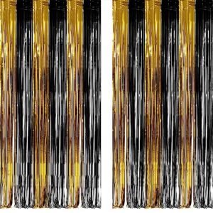 black and gold party streamers decoration - greatril foil fringe backdrop for anniversary/retirement/graduation/farewell/cocktail/prom/eid/birthday - 3.2ft x 8.2ft - 2 packs