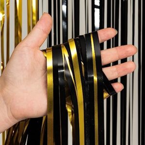 Black and Gold Party Streamers Decoration - GREATRIL Foil Fringe Backdrop for Anniversary/Retirement/Graduation/Farewell/Cocktail/Prom/EID/Birthday - 3.2ft X 8.2ft - 2 Packs