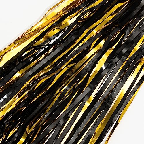 Black and Gold Party Streamers Decoration - GREATRIL Foil Fringe Backdrop for Anniversary/Retirement/Graduation/Farewell/Cocktail/Prom/EID/Birthday - 3.2ft X 8.2ft - 2 Packs