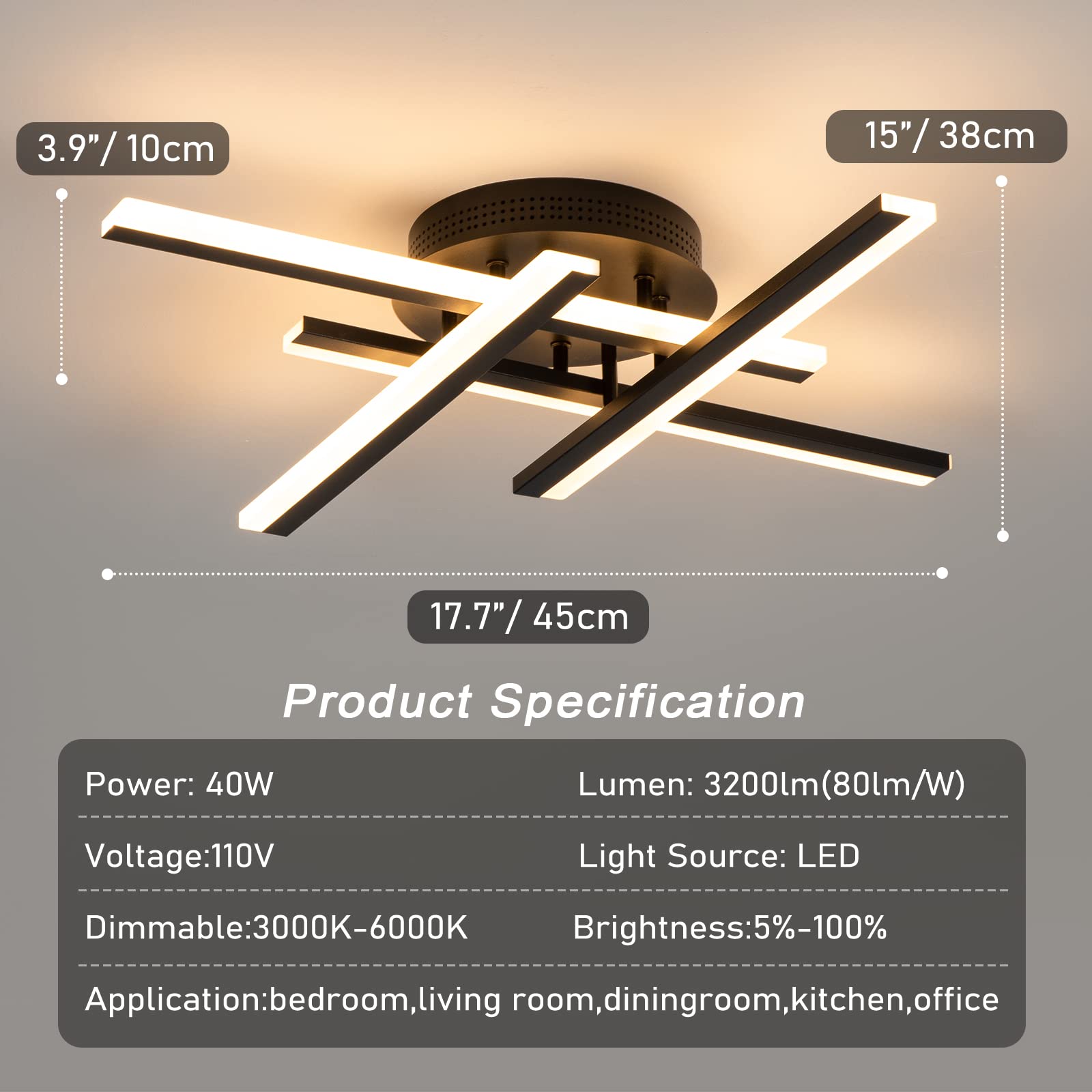 CANEOE Modern Led Ceiling Light, 4-Lights Dimmable Led Ceiling Light Fixture with Remote Control, 40W Black Flush Mount Chandelier Ceiling Lamp for Living Room Bedroom Kitchen Office