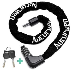 aucurwen bike chain lock, combination & keys 4-digit anti theft heavy duty bike lock, 3.2ft security resettable bicycle lock for bike, bicycle, electric bike, scooter, motorcycle