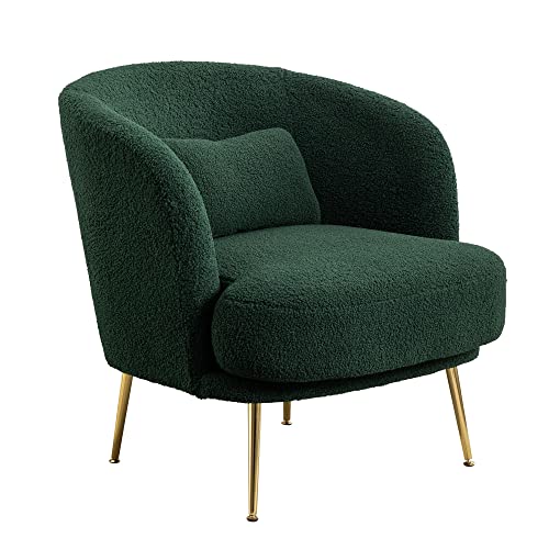 AWQM Sherpa Accent Chair, Green Boucle Upholstered Reading Chair with Curved Backrest, Living Room Chair Sofa Chair with Gold Legs, Leisure Club Tub Couch for Bedroom, Dorm Room, Studio