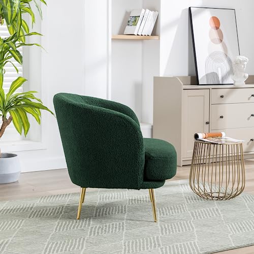 AWQM Sherpa Accent Chair, Green Boucle Upholstered Reading Chair with Curved Backrest, Living Room Chair Sofa Chair with Gold Legs, Leisure Club Tub Couch for Bedroom, Dorm Room, Studio