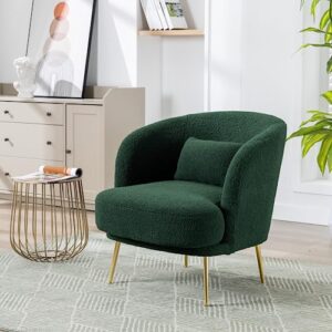 AWQM Sherpa Accent Chair, Green Boucle Upholstered Reading Chair with Curved Backrest, Living Room Chair Sofa Chair with Gold Legs, Leisure Club Tub Couch for Bedroom, Dorm Room, Studio