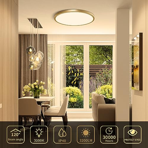 FLETERGIB 12 Inch Gold LED Ceiling Light, 3000K Warm White, 24W Gold Flush Mount Ceiling Light, 3200LM Round Low Profile Ceiling Lights for Bedroom, Living Room, Dining Room