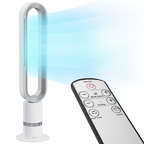 mollie 38-Inch Quiet Oscillating Bladeless Tower Fan Remote Control Bedroom Office Home Room Indoor 9H Timer 10-Speeds Modes Electric Household Summer Cooling Floor Standing Leafless Fan White