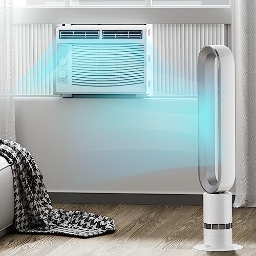 mollie 38-Inch Quiet Oscillating Bladeless Tower Fan Remote Control Bedroom Office Home Room Indoor 9H Timer 10-Speeds Modes Electric Household Summer Cooling Floor Standing Leafless Fan White