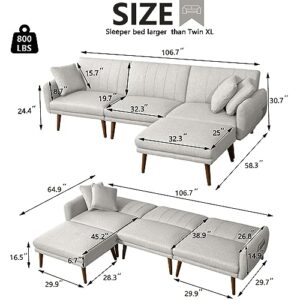 NOBLEMOOD Sectional Sofa Bed, Convertible L-Shaped Couch, Modern 3 Seat Linen Fabric Couch Sofa with Ottoman 3 Pillows Adjustable Backrest for Apartment Living Room (Linen Off Whie)