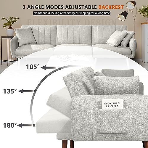 NOBLEMOOD Sectional Sofa Bed, Convertible L-Shaped Couch, Modern 3 Seat Linen Fabric Couch Sofa with Ottoman 3 Pillows Adjustable Backrest for Apartment Living Room (Linen Off Whie)