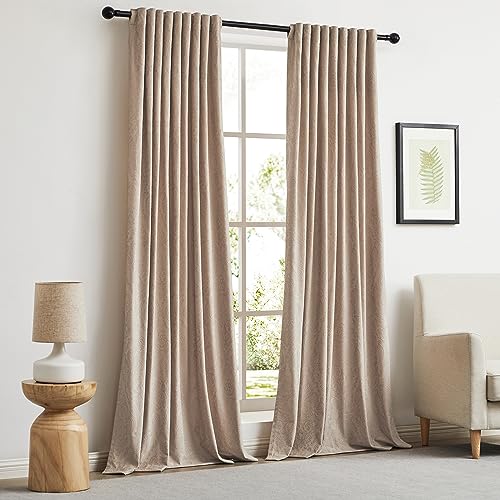 GIGIZAZA Beige Velvet Curtains 84 Inch Long for Living Room,2 Panels Luxury Boho Drapes Flower Embossed Blackout Window Curtain for Living Room Back Tab Thermal for Bedroom