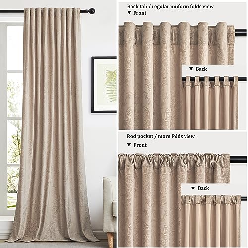 GIGIZAZA Beige Velvet Curtains 84 Inch Long for Living Room,2 Panels Luxury Boho Drapes Flower Embossed Blackout Window Curtain for Living Room Back Tab Thermal for Bedroom