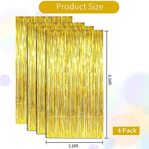 BEISHID 4 Pcs Gold Door Streamers Tinsel Curtain Party Streamers Backdrop Fringe Foil Wall Background for Birthday Halloween Christmas Wedding Party Decoration(3.28 ft x 6.56 ft)