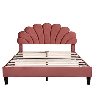DNYN Upholstered Queen Size Platform Bed for Kids,Adults Bedroom,Velvet Fabric Bedframe with Flower Pattern Headboard & 12 Wood Slat Support,Weight Capacity 660 LBS,No Box Spring Needed, Red
