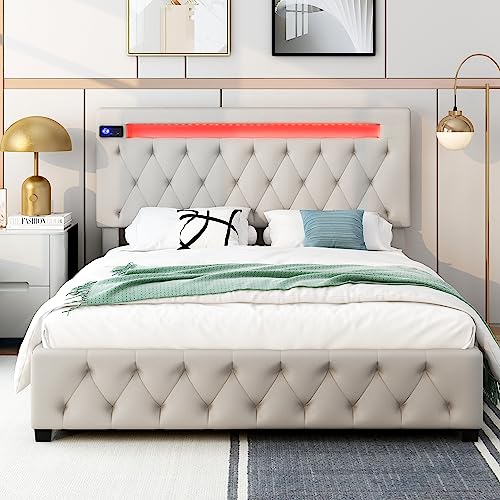 OPTOUGH Queen Size Storage Upholstered Platform Bed Frame, Adjustable Headboard Featured with Bluetooth Audio, LED Light and USB Charging, Fashion Furniture-Beige