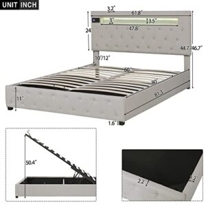 OPTOUGH Queen Size Storage Upholstered Platform Bed Frame, Adjustable Headboard Featured with Bluetooth Audio, LED Light and USB Charging, Fashion Furniture-Beige