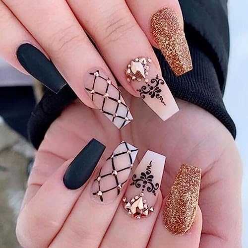 24Pcs Medium Press on Nails, Artificial Acrylic Fake Nails with Golden Rhinestones Designs, Full Cover Reusable Coffin Black Grid False Nails, Glue on Nails for Women Set, Stick on Nails for Nail Art