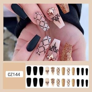 24Pcs Medium Press on Nails, Artificial Acrylic Fake Nails with Golden Rhinestones Designs, Full Cover Reusable Coffin Black Grid False Nails, Glue on Nails for Women Set, Stick on Nails for Nail Art