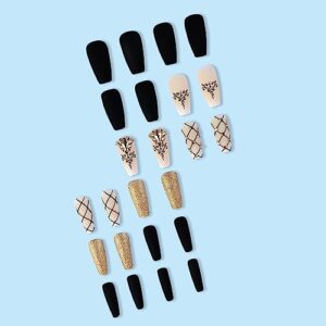 24Pcs Medium Press on Nails, Artificial Acrylic Fake Nails with Golden Rhinestones Designs, Full Cover Reusable Coffin Black Grid False Nails, Glue on Nails for Women Set, Stick on Nails for Nail Art