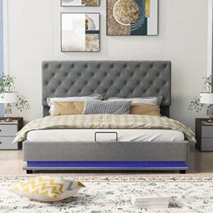 OPTOUGH Queen Size Storage Upholstered Platform Bed Frame with Adjustable Tufted Headboard and LED Light, Fashion Furniture-Gray