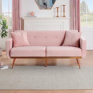 anwicknomo 70" velvet modern couch sofa bed with golden metal legs, tufted loveseat with throw pillow and mid foot for living room, bedroom, playroom, office (pink)