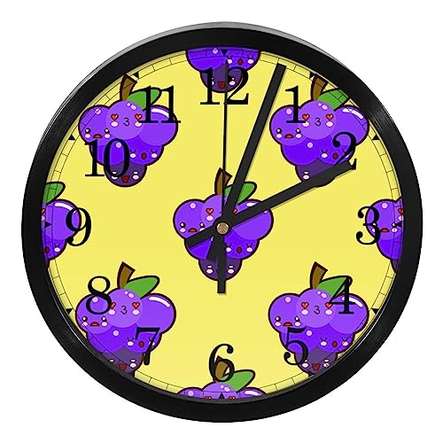 Purple Kissing Grapes Pattern Yellow Non-Ticking Wall Clocks, Battery Operated Silent Wall Clock for Bedroom Living Kitchen Office Home Art Decor