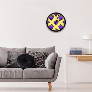 Purple Kissing Grapes Pattern Yellow Non-Ticking Wall Clocks, Battery Operated Silent Wall Clock for Bedroom Living Kitchen Office Home Art Decor