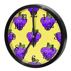 Purple Kissing Grapes Pattern Yellow Non-Ticking Wall Clocks, Battery Operated Silent Wall Clock for Bedroom Living Kitchen Office Home Art Decor