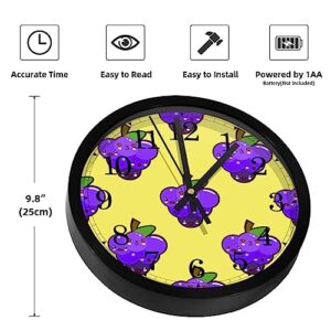 Purple Kissing Grapes Pattern Yellow Non-Ticking Wall Clocks, Battery Operated Silent Wall Clock for Bedroom Living Kitchen Office Home Art Decor