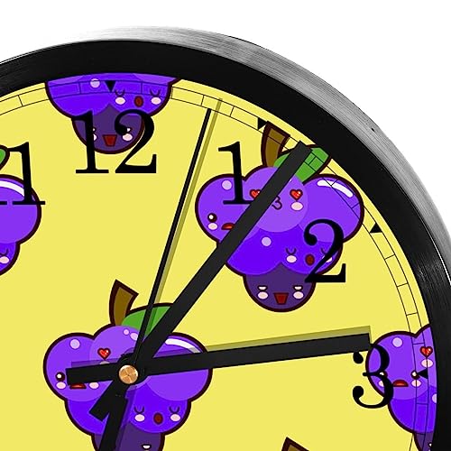 Purple Kissing Grapes Pattern Yellow Non-Ticking Wall Clocks, Battery Operated Silent Wall Clock for Bedroom Living Kitchen Office Home Art Decor