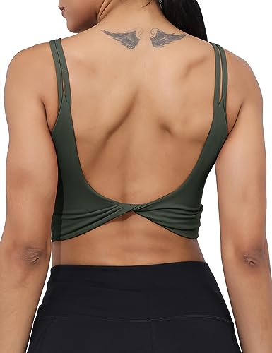 LUYAA Yoga Tank Tops for Women Workout Bras Open Back Crop Top with Built in Bra Cute Sports Bra Supportive Deep Green M