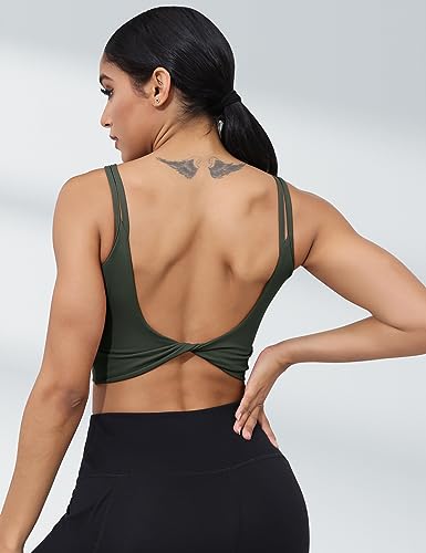 LUYAA Yoga Tank Tops for Women Workout Bras Open Back Crop Top with Built in Bra Cute Sports Bra Supportive Deep Green M