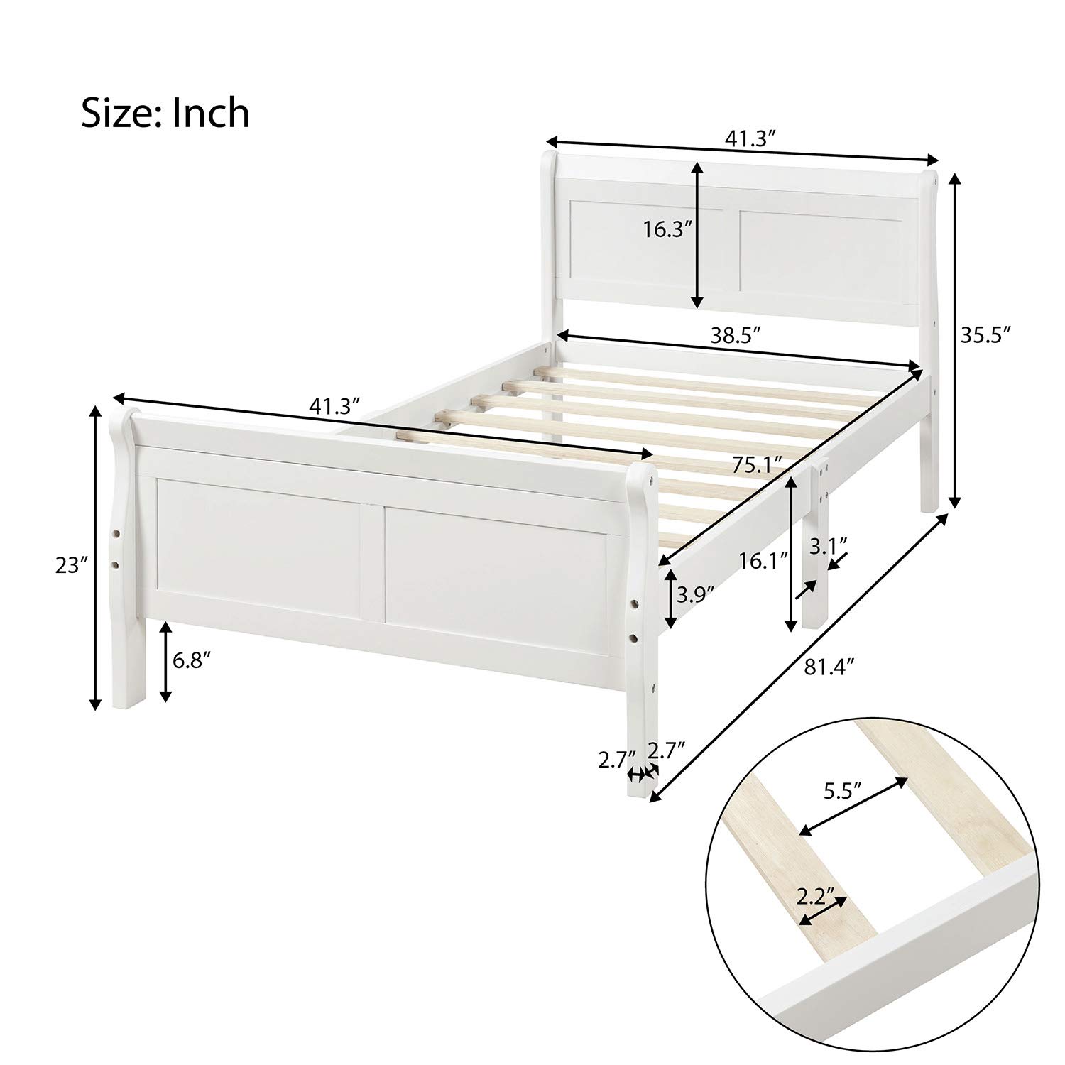 Harper & Bright Designs Twin Size Bed Frame with Headboard and Footboard, Wood Twin Platform Bed Frame with Wooden Slat Support, Sleigh Twin Bed for Kids,Boys, Girls,White