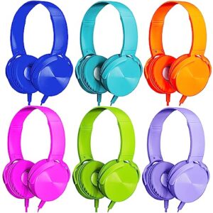 wensdo 6 pack kids headphones bulk for school classroom students wired headsets, durable earphones for children, library airplane online learning and travel (6 mixed colors)