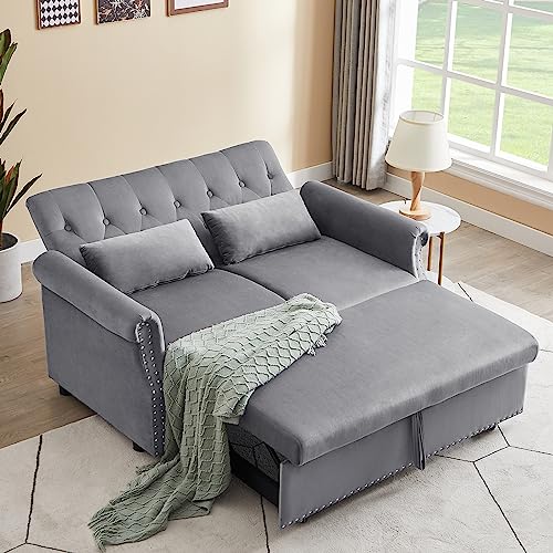 COULDWILL Velvet Pull Out Sofa Bed Convertible Loveseat Sleeper Couch 3-in-1 Sofa Bed Couch with Reclining Backrest and Toss Pillow for Apartment Living Room Bedroom, Gray