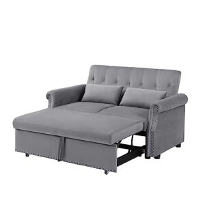 COULDWILL Velvet Pull Out Sofa Bed Convertible Loveseat Sleeper Couch 3-in-1 Sofa Bed Couch with Reclining Backrest and Toss Pillow for Apartment Living Room Bedroom, Gray