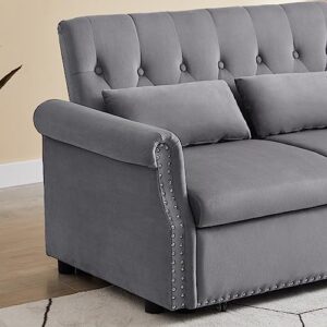 COULDWILL Velvet Pull Out Sofa Bed Convertible Loveseat Sleeper Couch 3-in-1 Sofa Bed Couch with Reclining Backrest and Toss Pillow for Apartment Living Room Bedroom, Gray