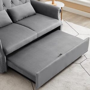 COULDWILL Velvet Pull Out Sofa Bed Convertible Loveseat Sleeper Couch 3-in-1 Sofa Bed Couch with Reclining Backrest and Toss Pillow for Apartment Living Room Bedroom, Gray