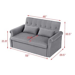 COULDWILL Velvet Pull Out Sofa Bed Convertible Loveseat Sleeper Couch 3-in-1 Sofa Bed Couch with Reclining Backrest and Toss Pillow for Apartment Living Room Bedroom, Gray