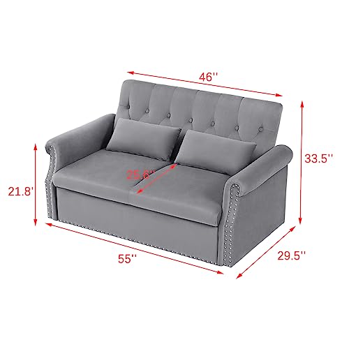 COULDWILL Velvet Pull Out Sofa Bed Convertible Loveseat Sleeper Couch 3-in-1 Sofa Bed Couch with Reclining Backrest and Toss Pillow for Apartment Living Room Bedroom, Gray