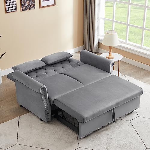 COULDWILL Velvet Pull Out Sofa Bed Convertible Loveseat Sleeper Couch 3-in-1 Sofa Bed Couch with Reclining Backrest and Toss Pillow for Apartment Living Room Bedroom, Gray