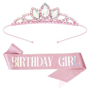 supoo tiaras for girls pink birthday crown birthday girl sash princess crown birthday girl headband crystal birthday tiara with comb crown for girls rhinestone happy birthday accessories gift