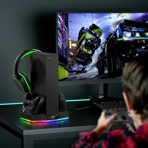 Cooling Stand for Xbox Series S with Charging Station & RGB Light, MENEEA Low Noise Fan for Console & Fast Charger of Controller, Accessories with 2 * 1400mAh Rechargeable Batteries, Headphone Hook